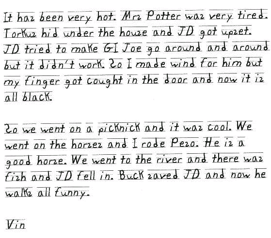 It has been very hot. Mrs Potter was very tired. Torkus hid under the house and JD got upset.
  
JD tried to make GI Joe go around and around but it didn't work. So I made wind for him but my finger got cought in the door and now it is all black.
  
So we went on a picknick and it was cool. We went on the horses and I rode Peso. He is a good horse. We went to the river and there was fish and JD fell in. Buck saved JD and now he walks all funny.

  Vin