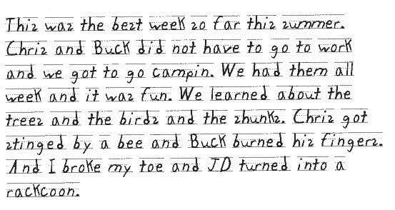This was the best week so far this summer. Chris and Buck did not have to go to work and we got to go campin. We had them all week and it was fun. We learned about the trees and the birds and the shunks. Chris got stinged by a bee and Buck burned his fingers. And I broke my toe and JD turned into a rackcoon.
