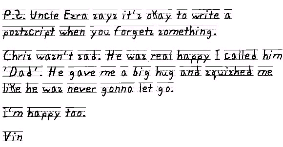 P.S. Uncle Ezra says it's okay to write a postscript when you forgets something. 

Chris wasn't sad. He was real happy I called him 'Dad'.  He gave me a big hug and squished me like he was never gonna let go.

I'm happy too.

Vin