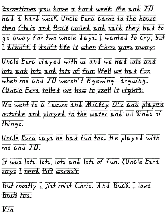 Sometimes you have a hard week. Me and JD had a hard week. Uncle Ezra came to the house then Chris and Buck called and said they had to go away for two whole days. I wanted to cry, but I didn't. I don't like it when Chris goes away.

Uncle Ezra stayed with us and we had lots and lots and lots and lots of fun. Well we had fun when me and JD weren't Rgewing  arguing. (Uncle Ezra telled me how to spell it right). 

We went to a 'zeum and Mickey D's and played outside and played in the water and all kinds of things. 

Uncle Ezra says he had fun too. He played with me and JD.

It was lots, lots, lots and lots of fun. (Uncle Ezra says I need 150 words).

But mostly I jist mist Chris. And Buck. I love Buck too. 

Vin