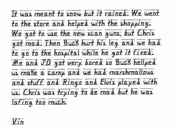 It was meant to snow but it rained. We
  went to the store and helped with the shopping. We got to use the new scan
  guns, but Chris got mad. Then Buck hurt his leg and we had to go to the hospital
  while he got it fixed. Me and JD got very bored so Buck hellped us make a
  camp and we had marshmallows and stuff and Ringo and Elvis played with us.
  Chris was trying to be mad but he was lafing too much.
 
  Vin