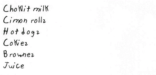 Choklit milk    
Cimon rolls    
Hot dogs    
Cokies    
Brownes    
Juice 