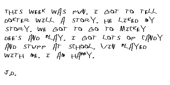 This week was fun. I got to tell Docter Will a story. He liked my story. We got to go to Mickey Dees and play. I got lots of candy at school. Vin played with me. I was happy.

JD