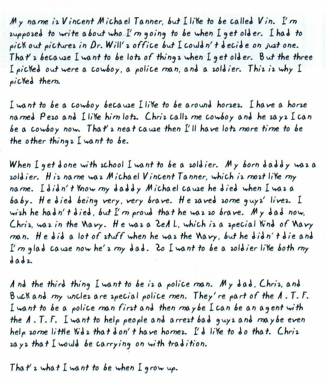     My name is Vincent Michael Tanner, but I like
	    to be called Vin. I'm supposed to write about who I'm going to be when I
	    get older. I had to pick out pictures in Dr. Will's office but I couldn't
	    decide on just one. That's because I want to be lots of things when I get
	    older. But the three I picked out were a cowboy, a police man, and a soldier.
	    This is why I picked them. 

I want to be a cowboy because I like to be around
	    horses. I have a horse named Peso and I like him lots. Chris calls me cowboy
	    and he says I can be a cowboy now. That's neat cause then I'll have lots
	    more time to be the other things I want to be. 

When I get done with school I want to be a soldier.
	    My born daddy was a soldier. His name was Michael Vincent Tanner, which is
	    most like my name. I didn't know my daddy Michael cause he died when I was
	    a baby. He died being very, very brave. He saved some guys' lives. I wish
	    he hadn't died, but I'm proud that he was so brave. My dad now, Chris, was
	    in the Navy. He was a SeAL, which is a special kind of Navy man. He did a
	    lot of stuff when he was the Navy, but he didn't die and I'm glad cause now
	    he's my dad. So I want to be a soldier like both my dads. 

And the third thing I want to be is a police
	    man. My dad, Chris, and Buck and my uncles are special police men. They're
	    part of the A. T. F. I want to be a police man first and then maybe I can
	    be an agent with the A. T. F. I want to help people and arrest bad guys and
	    maybe even help some little kids that don't have homes. I'd like to do that.
	    Chris says that I would be carrying on with tradition.

 That's what I want to be when I grow up.