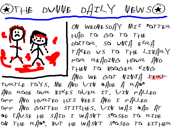 ~ The Dunne Daily News ~
  On Wednesday Miz Potter had to go to the doctor, so Unca Ezra taked us to the library for reading hour and then to Burger King and we got Ninja Turtle toys.
  Me and Vin made a ramp and rode our bikes over it. Vin falled off and hurted his knees and I falled off and gotted stiches. Vin was mad at me cause he said I wasn't sposed to ride on the ramp, but Chris and Buck said Vin wasn't sposed to either.