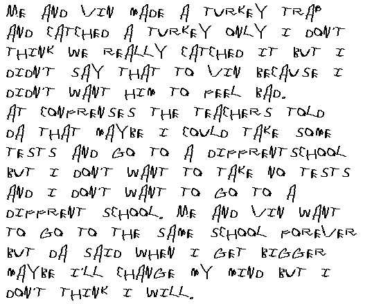 Me and Vin made a turkey trap and catched a turkey only I don't think we really catched it but I didn't say that to Vin because I didn't want him to feel bad. At confrenses the teachers told Da that maybe I could take some tests and go to a different school, but I don't want to take no tests and I don't want to go to a different school. Me and Vin want to go to the same school forever but Da said when I get bigger maybe I'll change my mind but I don't think I will.
